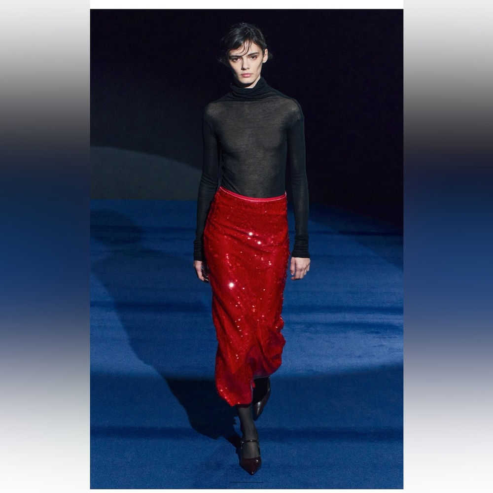 Zara Red Sequin Midi Skirt